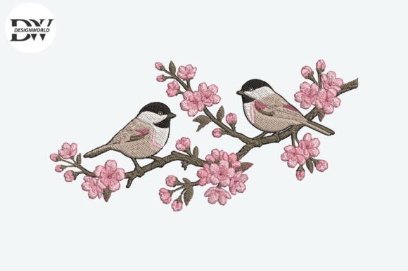 Cherry Branch Birds Embroidery Design